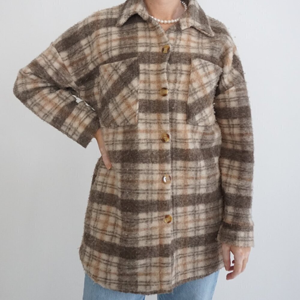 Vintage V And L Brown Cream Brown Checker 27% Wool Button Up Shacket L